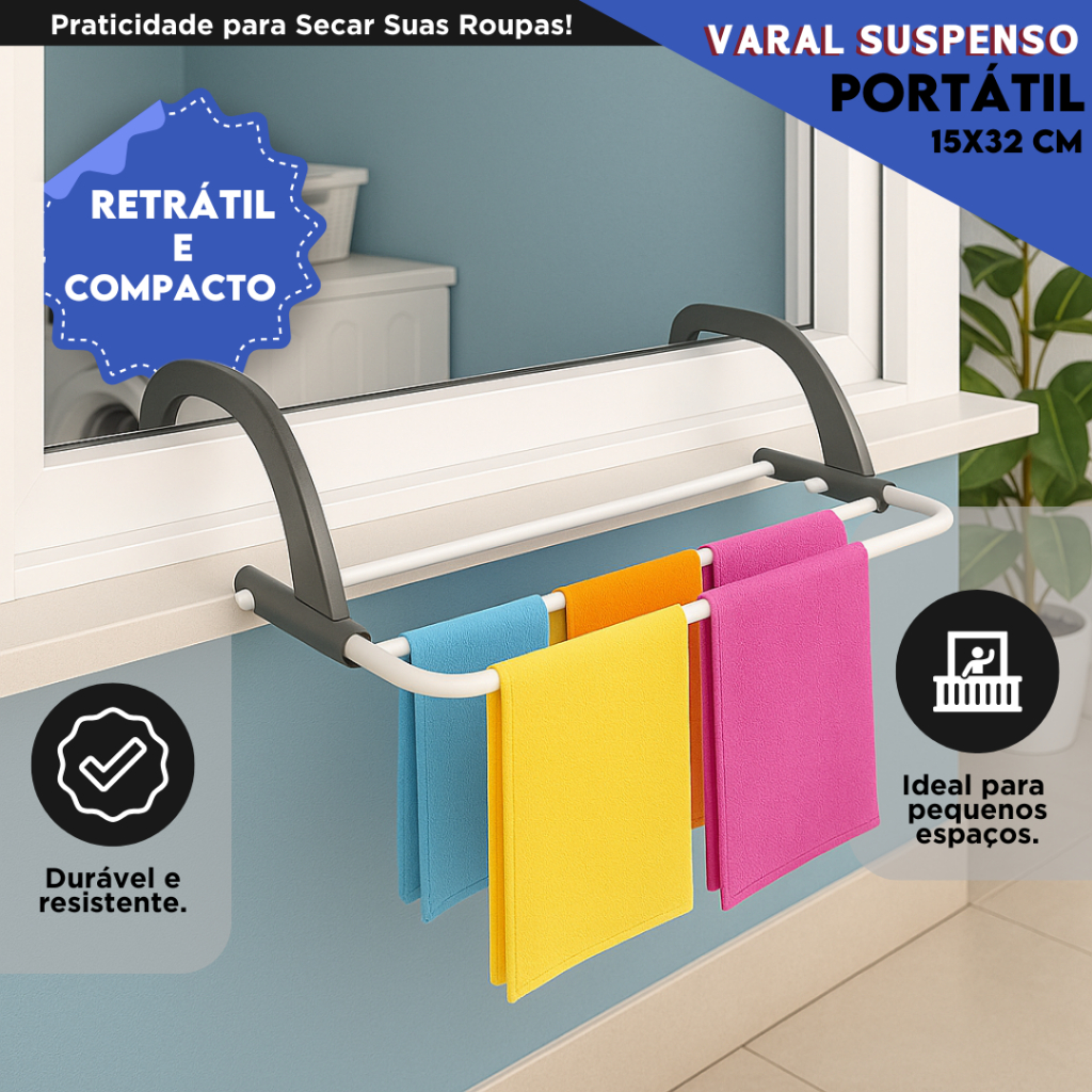 Varal Para Apartamento – Retrátil, Portátil e Resistente | Fixação em Janela | Aviv