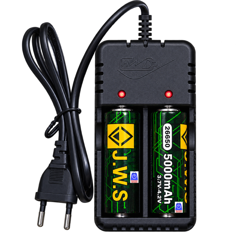 Carregador C/ 2 Células 26650 de 5000 mAh real Jws Lanterna Sorfin X900 T6 127/220v