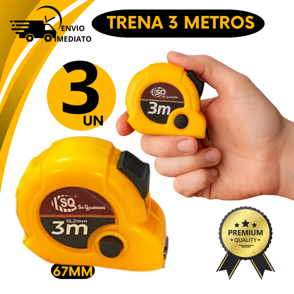 KIT Trena 3 Metros Retrátil Automática Trava Clipe de Cinto Medição Precisa Prática Cm Polegadas