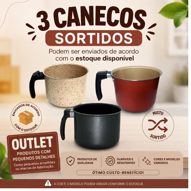 Kit 3 Canecos Fervedores Nº 12 com Teflon Cores Mistas Outlet