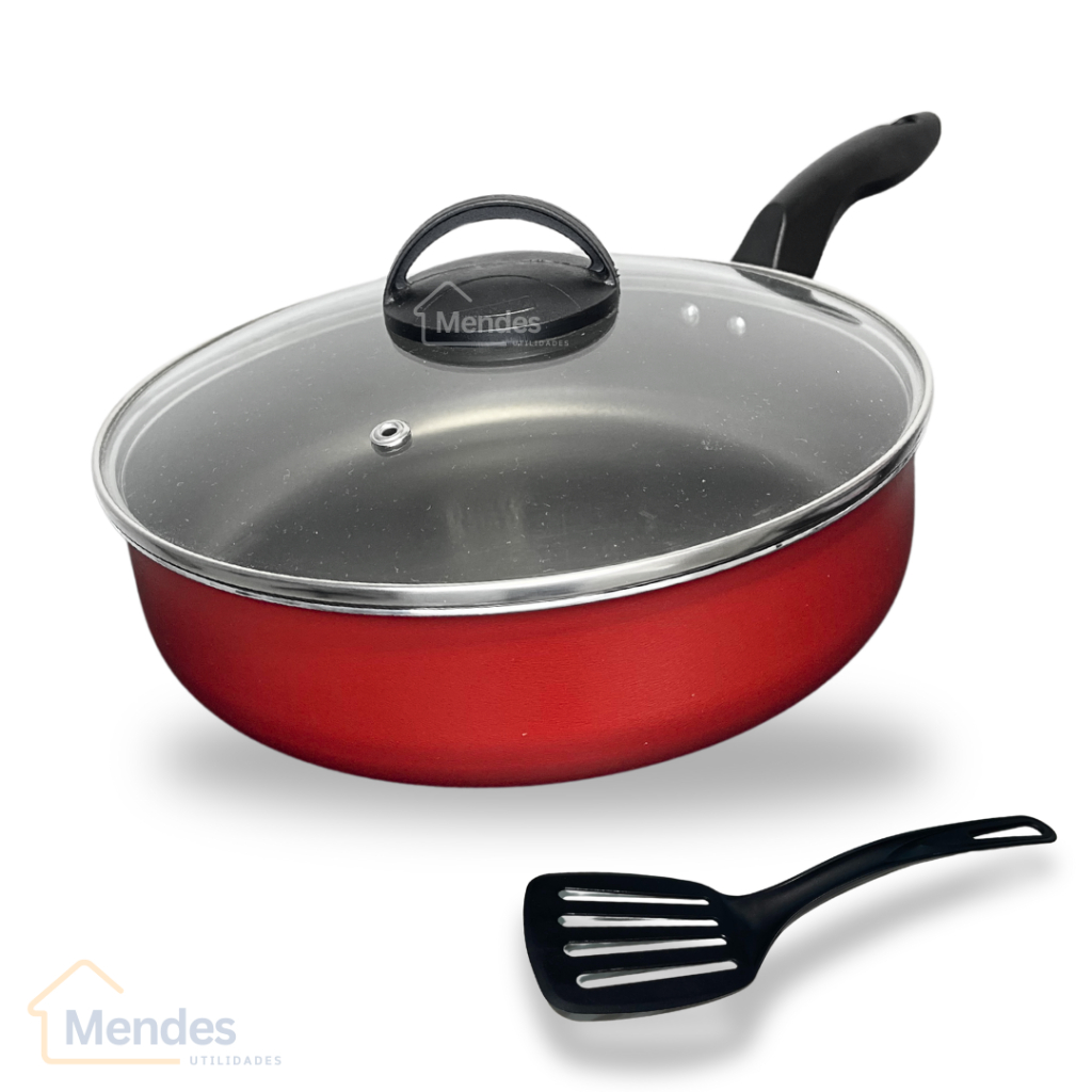 Frigideira Alta Funda 24 cm 5 Camadas Antiaderente Teflon com Tampa de Vidro e Espátula Cor Vermelho