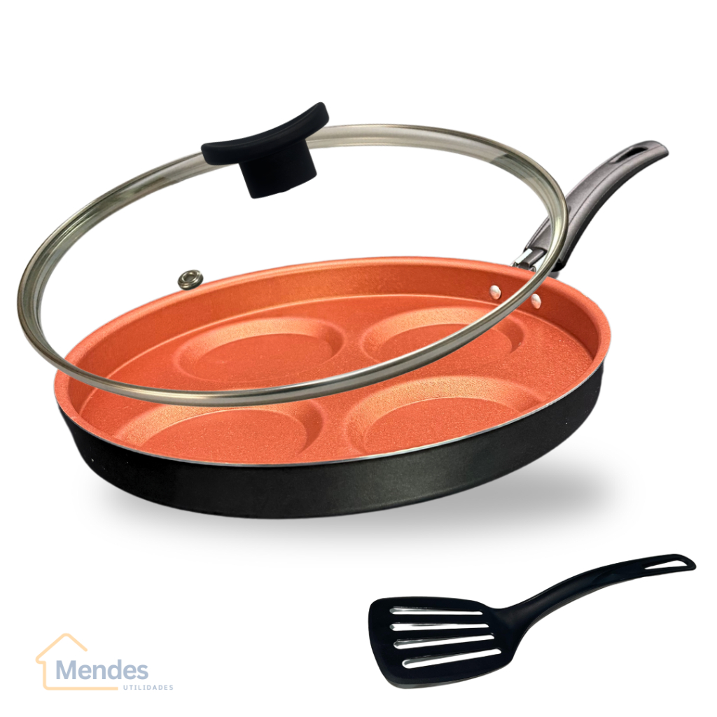 Frigideira 26 cm Divisória 4 Ovos Antiaderente Teflon Tampa de Vidro e Espátula Cor Cobre e Preto