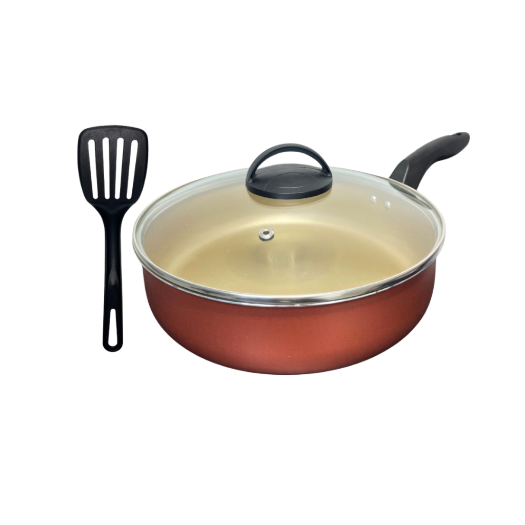 Frigideira Grande Alta Funda 24 cm Antiaderente Teflon com Tampa de Vidro e Espátula Cor Cereja Gold