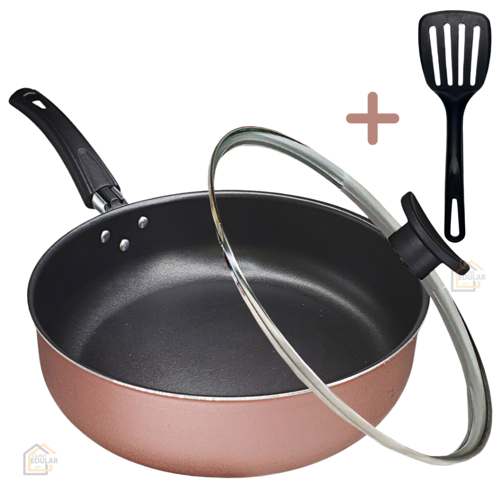 Frigideira 24 cm Alta Antiaderente Teflon com Tampa de Vidro e Espatula Cor Rose e Preto
