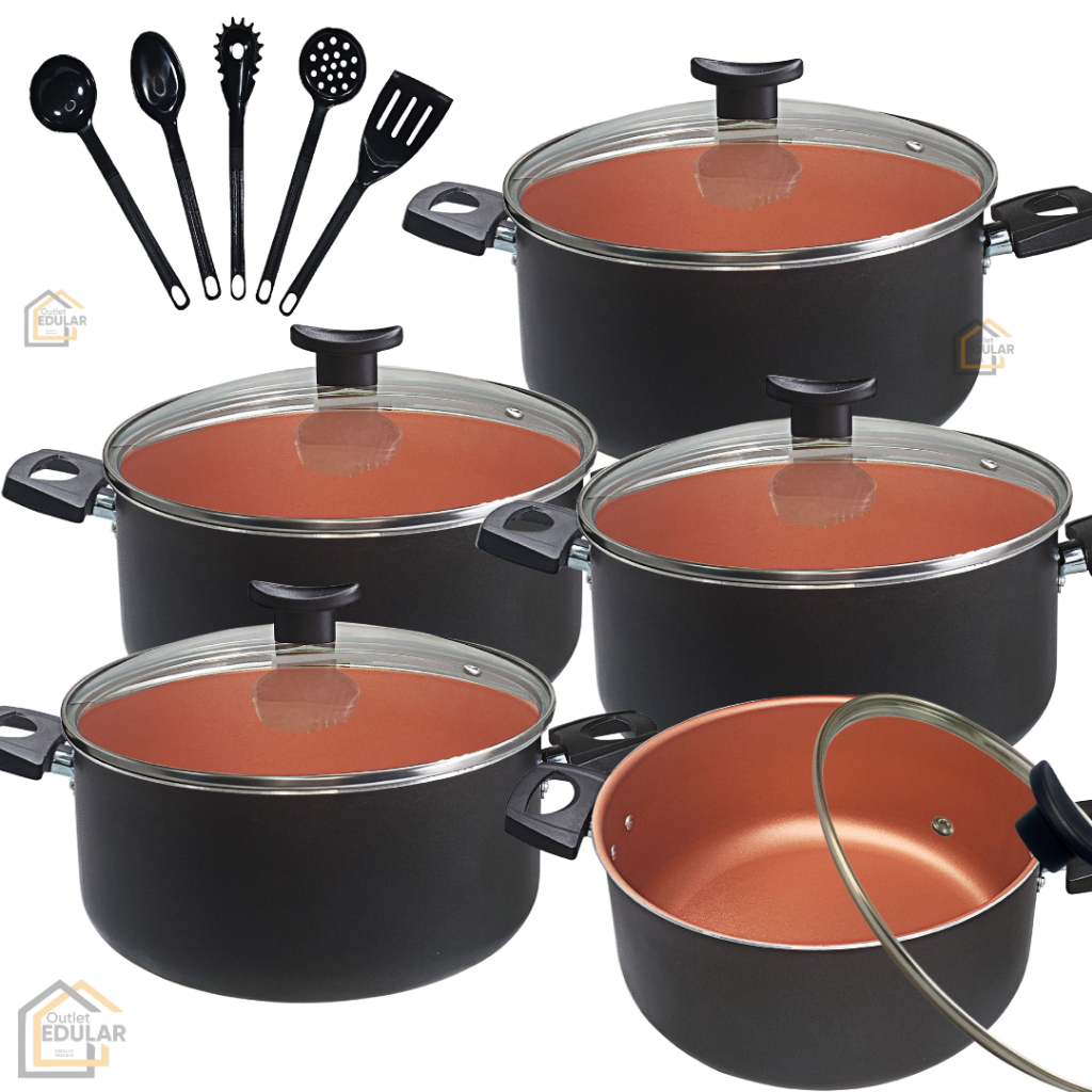 Kit Jogo de Panelas 10 peças Caçarolas Antiaderente Teflon Tampa Vidro e Utensílios Cor Preto Cobre