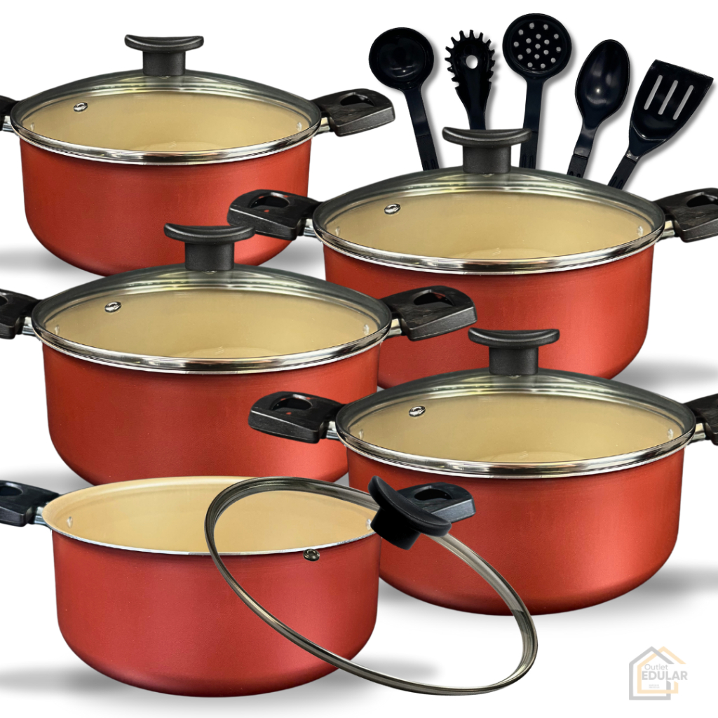 Kit Jogo de Panelas 10 Peças Caçarolas Antiaderente Teflon Tampa de Vidro Utensílios Cor Cereja Gold