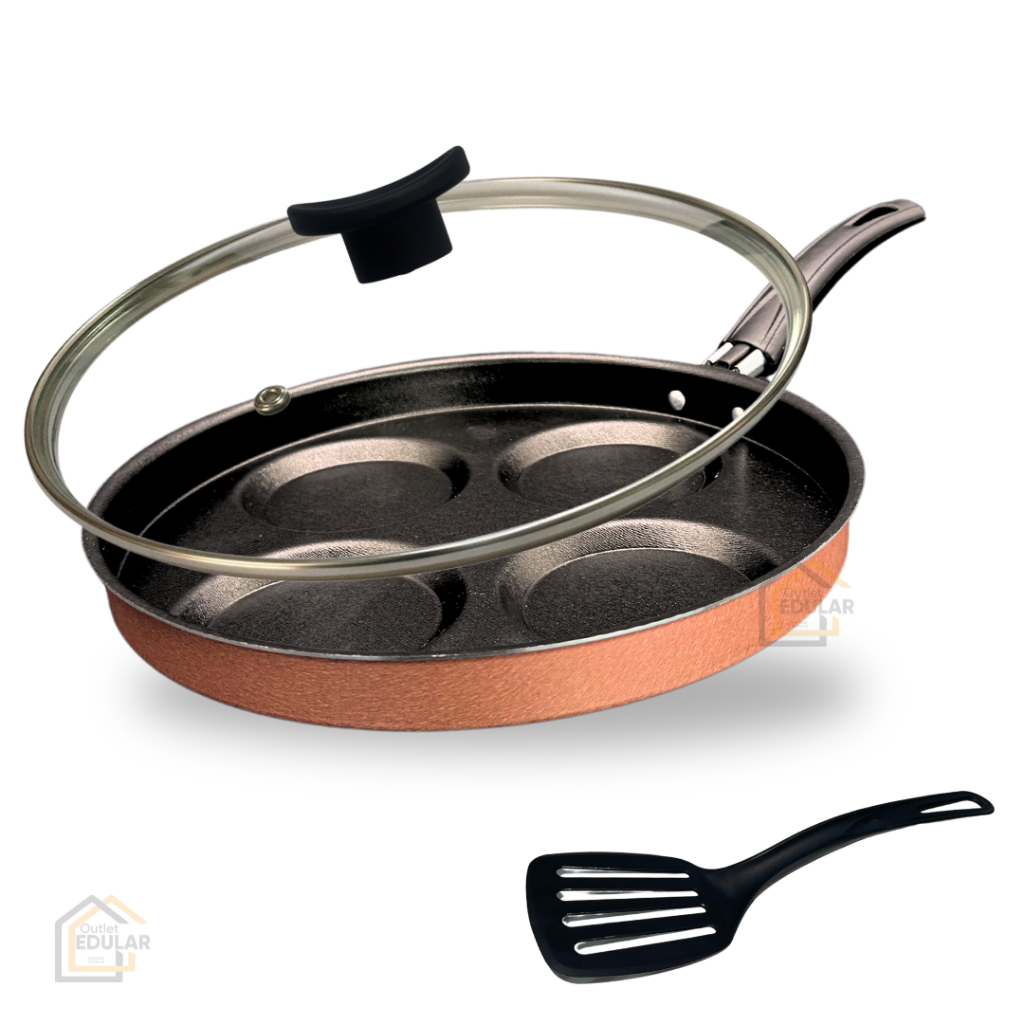 Frigideira 26 cm Divisória 4 Ovos Hambúrguer Com Tampa de Vidro e Espátula Antiaderente Cor Rose
