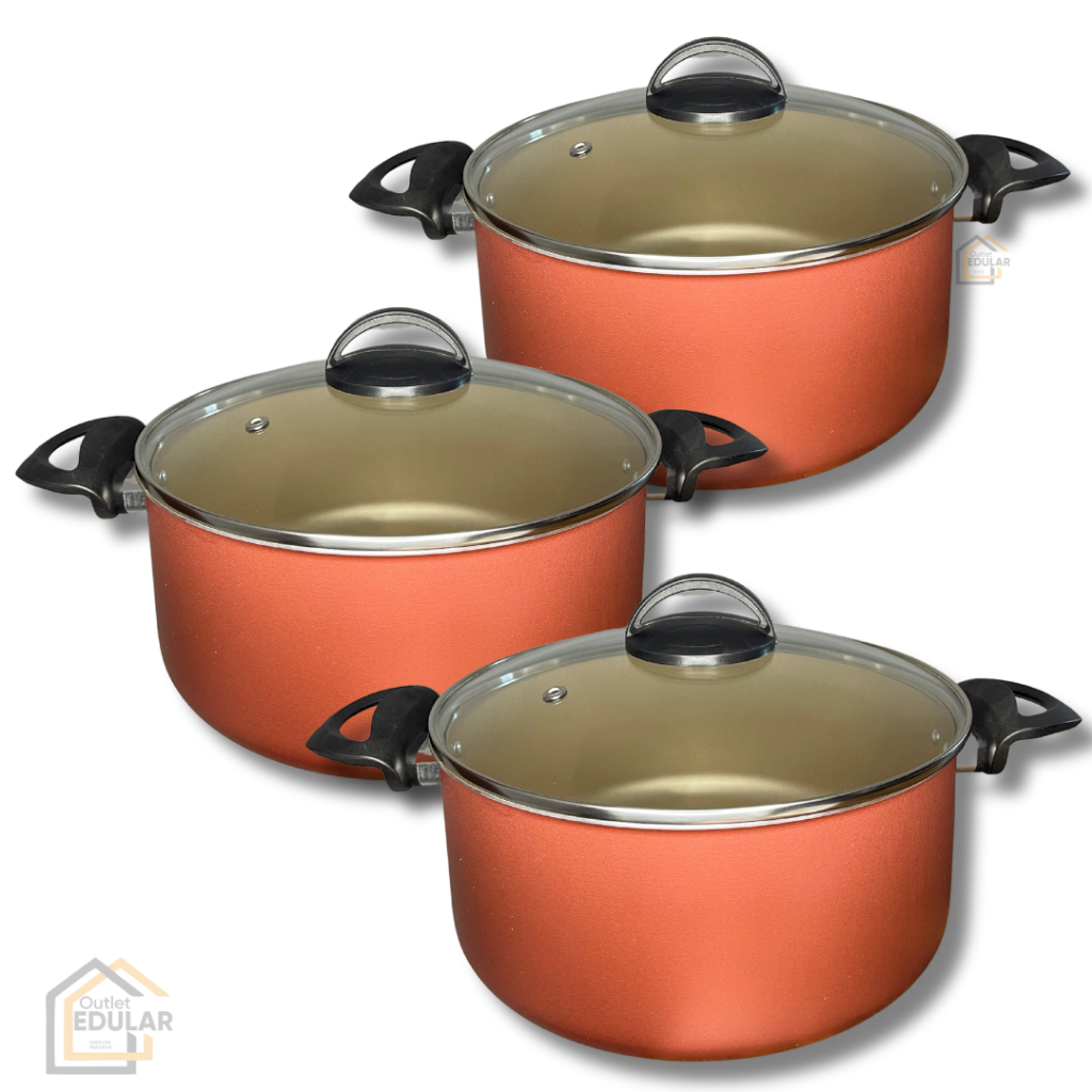 Kit Jogo 3 Peças Panelas Caçarolas 16 18 e 20 cm Antiaderente Teflon Tampa de Vidro Cor Cereja Bege