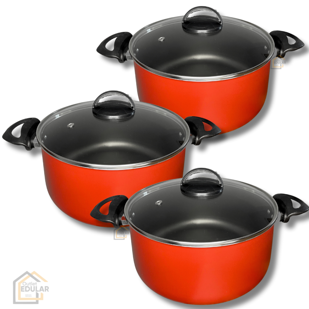 Kit Jogo 3 Peças Panelas Caçarolas 16 18 e 20 cm Antiaderente Teflon com Tampa de Vidro Cor Vermelho