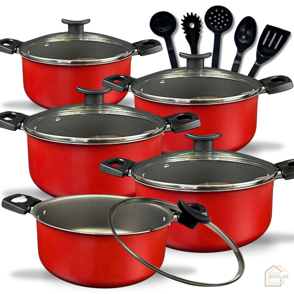 Kit Jogo de Panelas 10 Peças Caçarolas Antiaderente Teflon Tampa de Vidro e Utensílios Cor Vermelho
