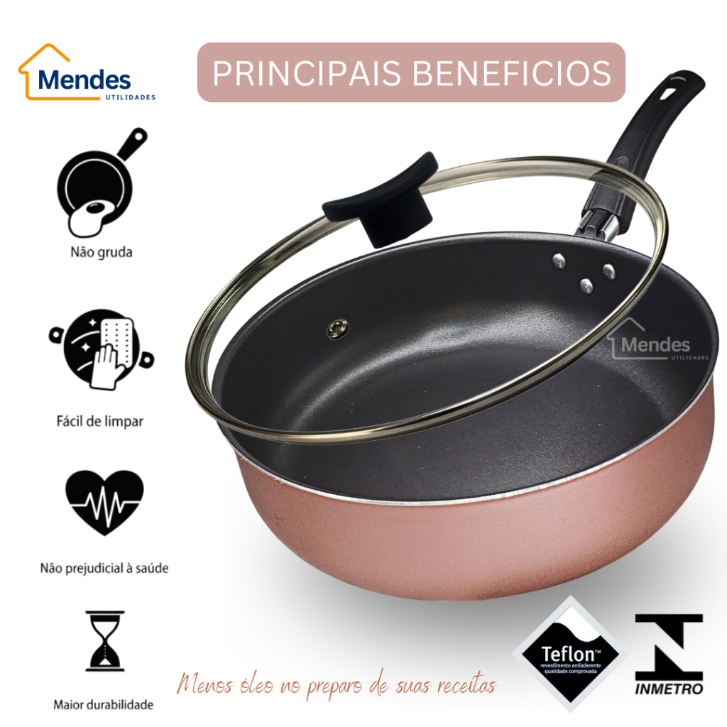 Frigideira Alta 24 cm 5 Camadas Antiaderente Teflon com Tampa de Vidro e Espátula Cor Rose e Preto