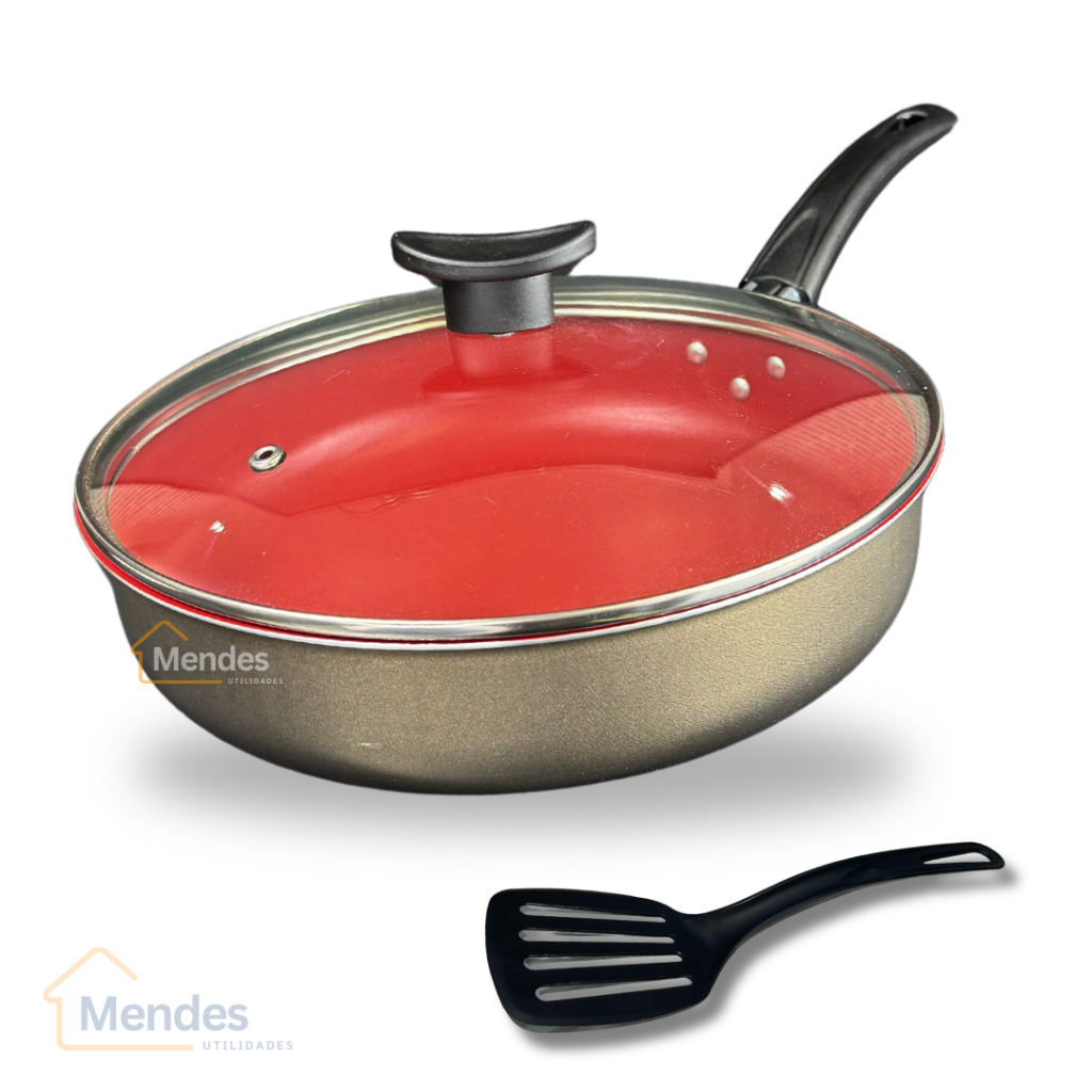 Frigideira Alta 24 cm 5 Camadas Antiaderente Teflon Tampa de Vidro e Espátula Cor Vermelho Grafite