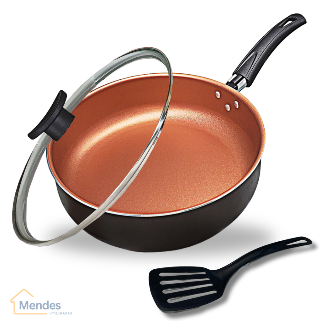Frigideira Alta Funda 24 cm Antiaderente Teflon com Tampa de Vidro e Espátula Cor Cobre e Preto