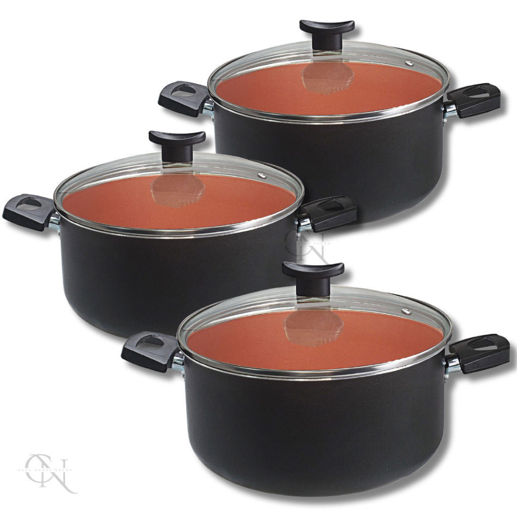 Jogo Conjunto Panelas Caçarola 5 Camada Antiaderente Teflon Tampa de Vidro Cor Cobre Preto Terracota
