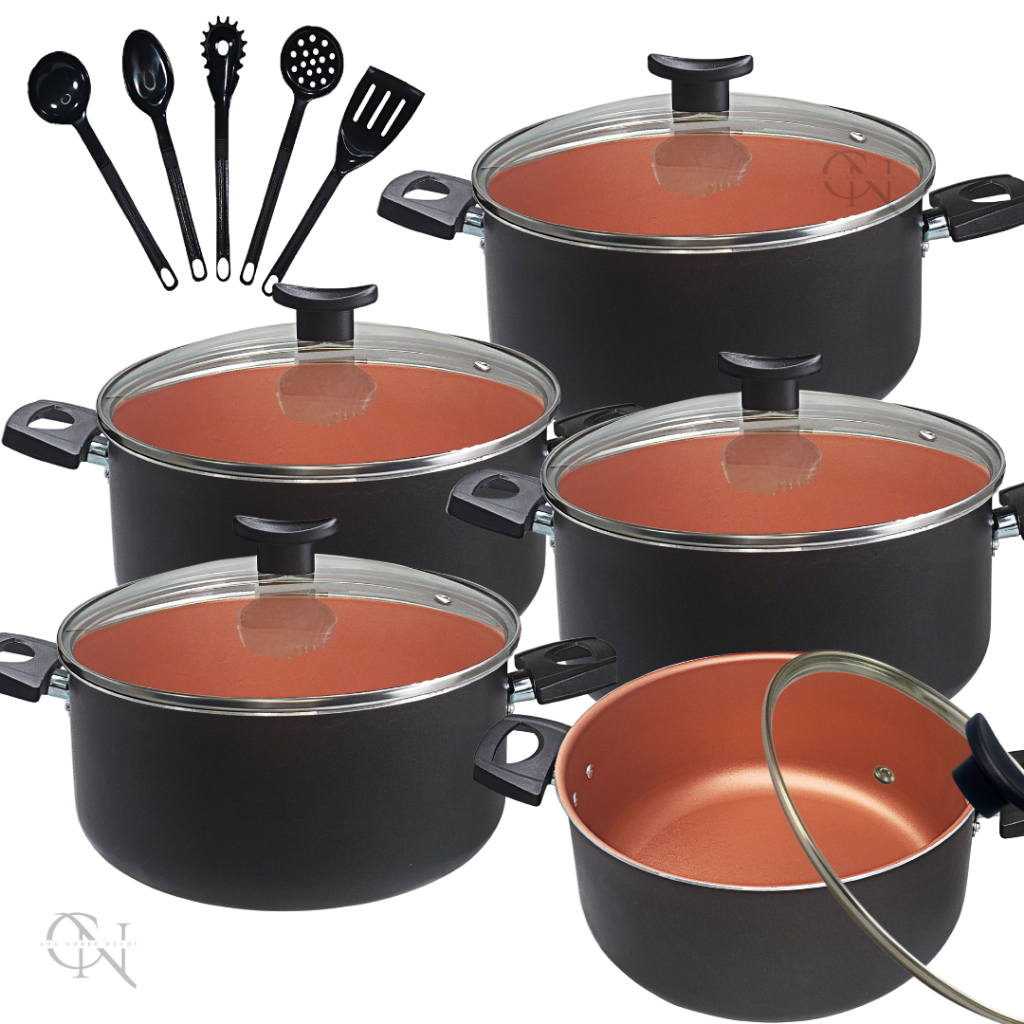 Jogo Conjunto Panelas Caçarolas Antiaderente 10 peças Tampa de Vidro Utensilios Cor Cobre Terracota