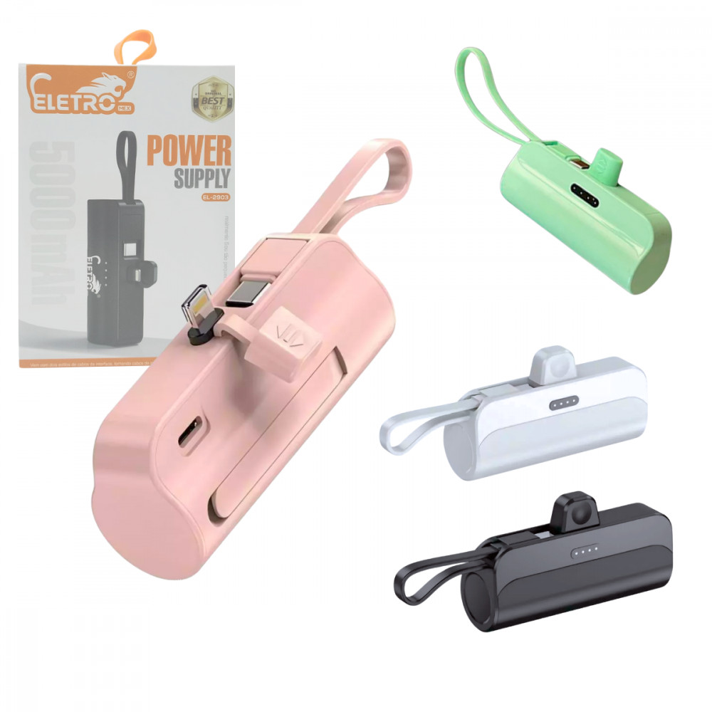 Mini Carregador Portátil Power Bank 5000 mAh com 02 Saídas TIPO-C / Lightning com Alça Eletromex EL-2903