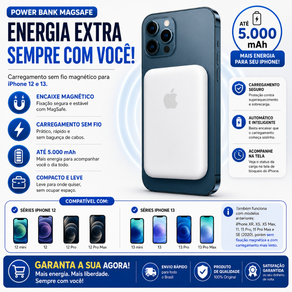 Power Bank MagSafe 5000mAh Magnético Sem Fio para iPhone 12 13 Pro Pro Max Mini Battery Pack