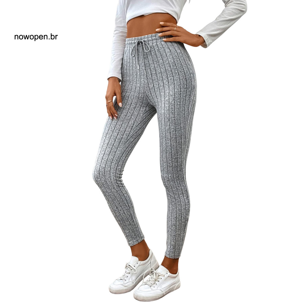 Tight Yoga Pants High Elastic with Adjustable Drawstring Ribbed Slim Fit Butt Lifting Leggings Solid Color Versatile Wor