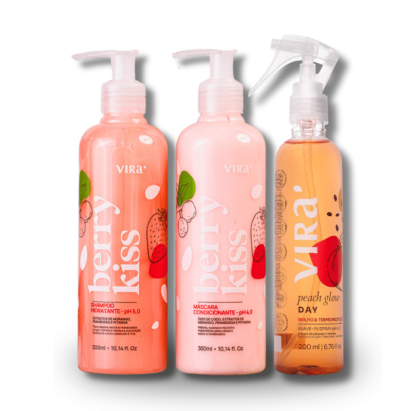 Kit Hidratante Glow Berry Virá – Shampoo + Máscara + Leave-in para Cabelos Secos e Opacos com Frizz