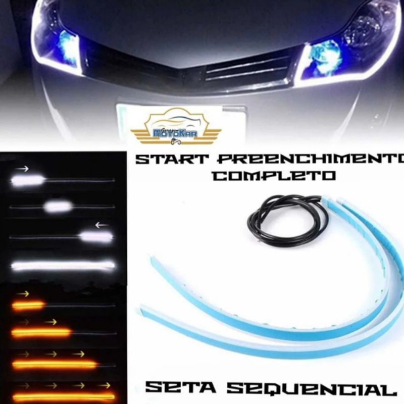 Fita Barra Led 60cm 12V Flexível Efeito Start Preenchimento + Seta Sequencial Laranja Âmbar Farol Carro