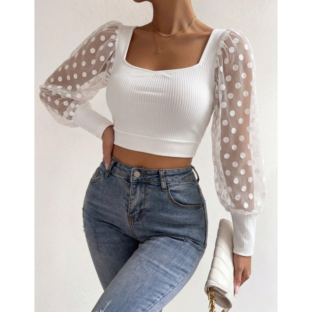 Cropped Blusinha Manga Comprida Bufante Tule Poa Bolinha
