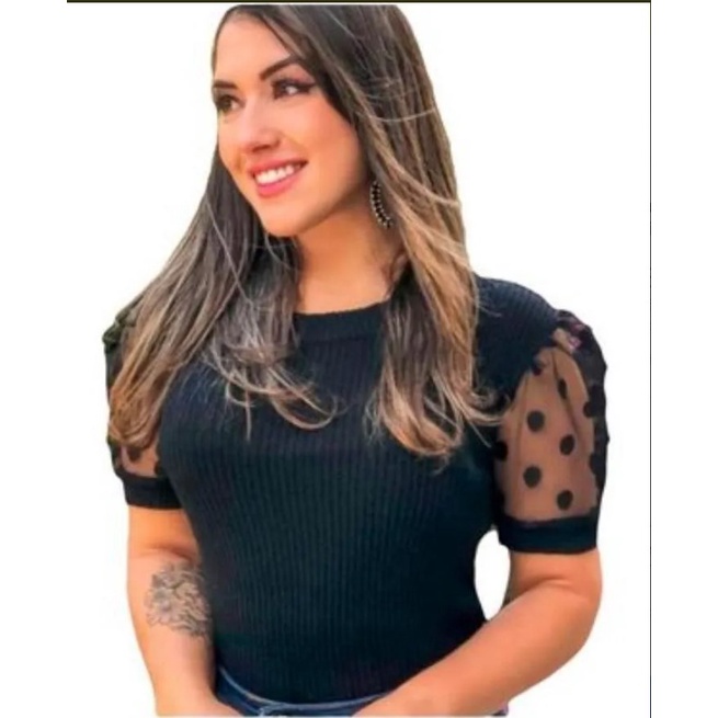 Blusa Blusinha Tule Manga Curta Poa Bolinha Bufante Princesa Feminina Moda Verão (Inovastilo)