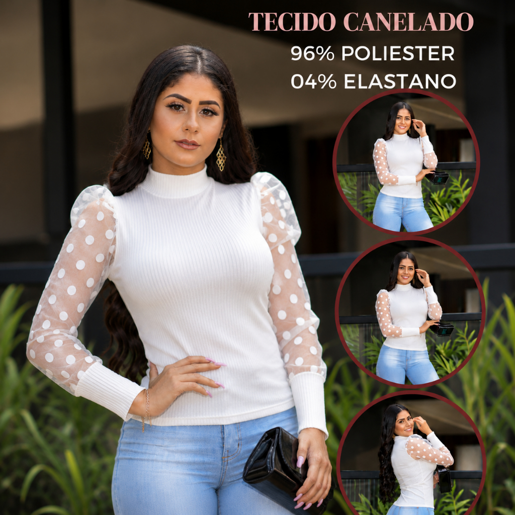 Blusa Feminina de frio Canelada Manga Tule Bufante com Bolinhas Gola Alta Inverno Fashion