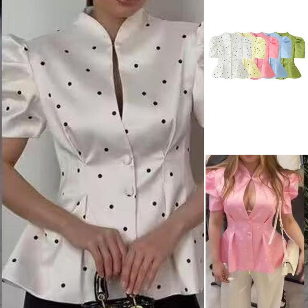 Camisa de manga bufante estampada com bolinhas de verão 26 11550