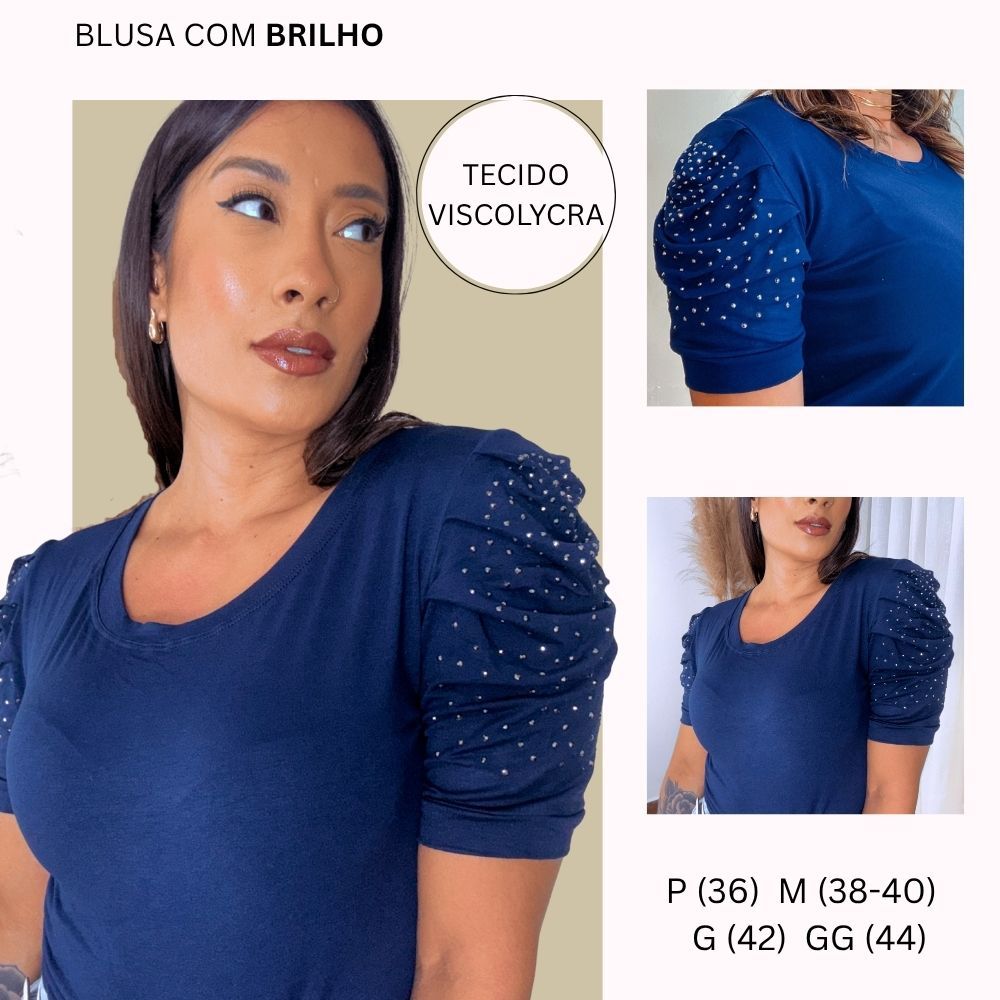 Blusa Elegante Feminina Manga Princesa  T-Shirt Blusinha Bufante Brilhos Tecido Não Dá Bolinha Chic