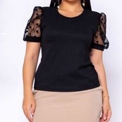 Blusa Feminina Canelada Com Mangas Bufante Tule Princesa Bolinha Blusinha