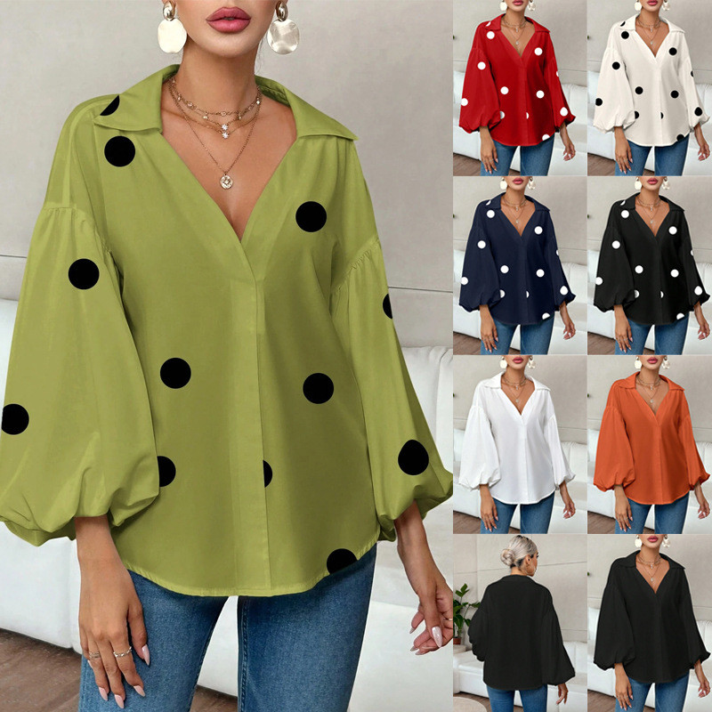 Blusa Feminina Bolinhas Gola Lapela Decote V Solta Manga Bufante Longa Estilo Francês S-XXL