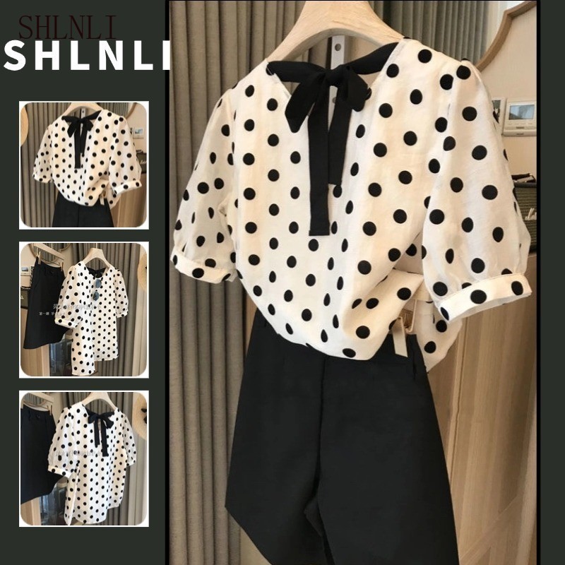 Blusa Feminina De Bolinhas Manga Bufante Gola Redonda Gravata Borboleta Primavera Verão Camisa Curta