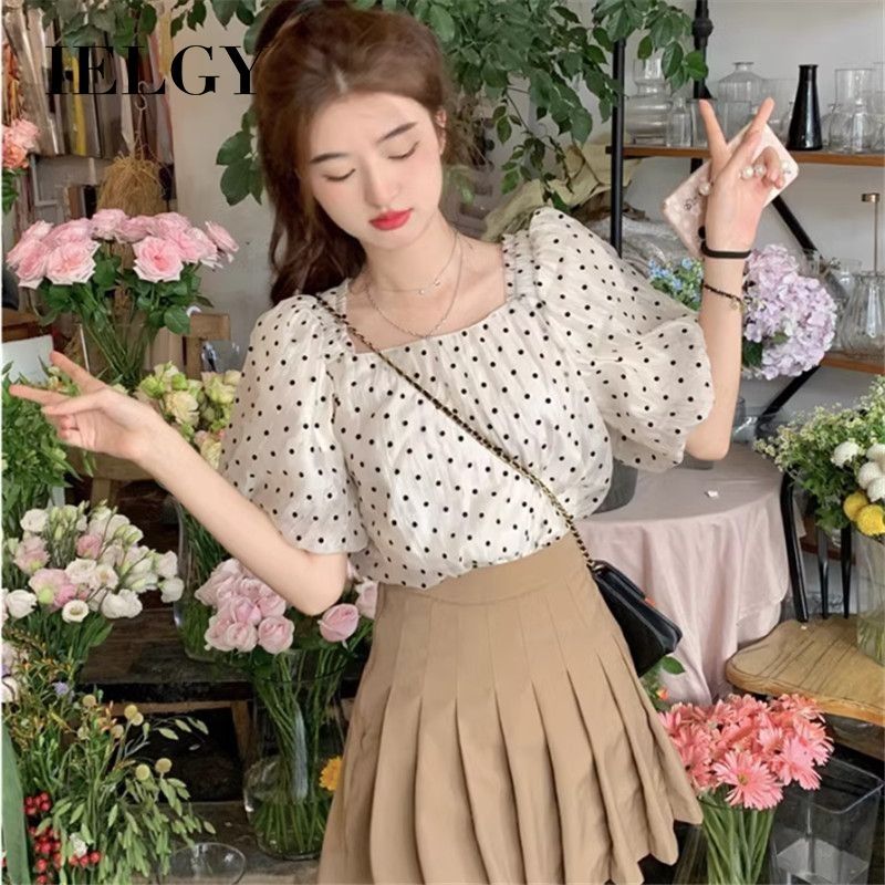 IELGY Camisa de Chiffon de bolinhas manga curta Top verão gola quadrada manga bufante camisa pequena