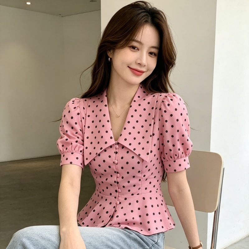 Blusa Feminina Com Decote Em V Lapela Bolinhas Manga Bufante Peplum Cintura Cortada Camisa