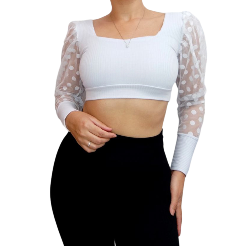 Cropped Feminino Blusinha Manga Comprida Longa Malha Canelada Bufante Tule Poa Bolinha