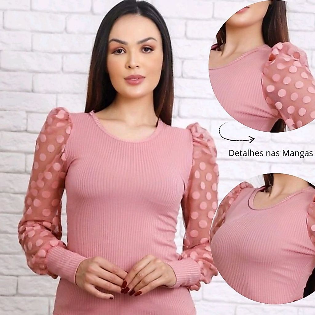 Blusinha Manga Longa Bufante Feminina canelada Tuli bolinha Poa