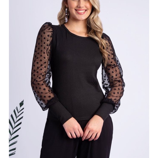 Blusa Feminina Manga Comprida Bufante Tule Bolinha REF 104