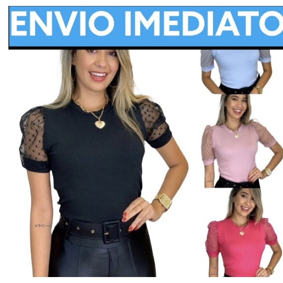 Blusinha Manga Curta Bufante Tule Bolinha Feminina Canelada Blogueira Moda Verão  Roupas Femininas Gringa