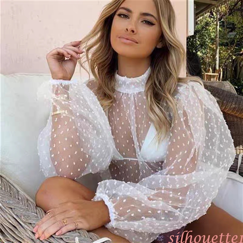 Silhueta1-Blusa de Chiffon Transparente de Bolinhas/Mangas Bufantes Feminina