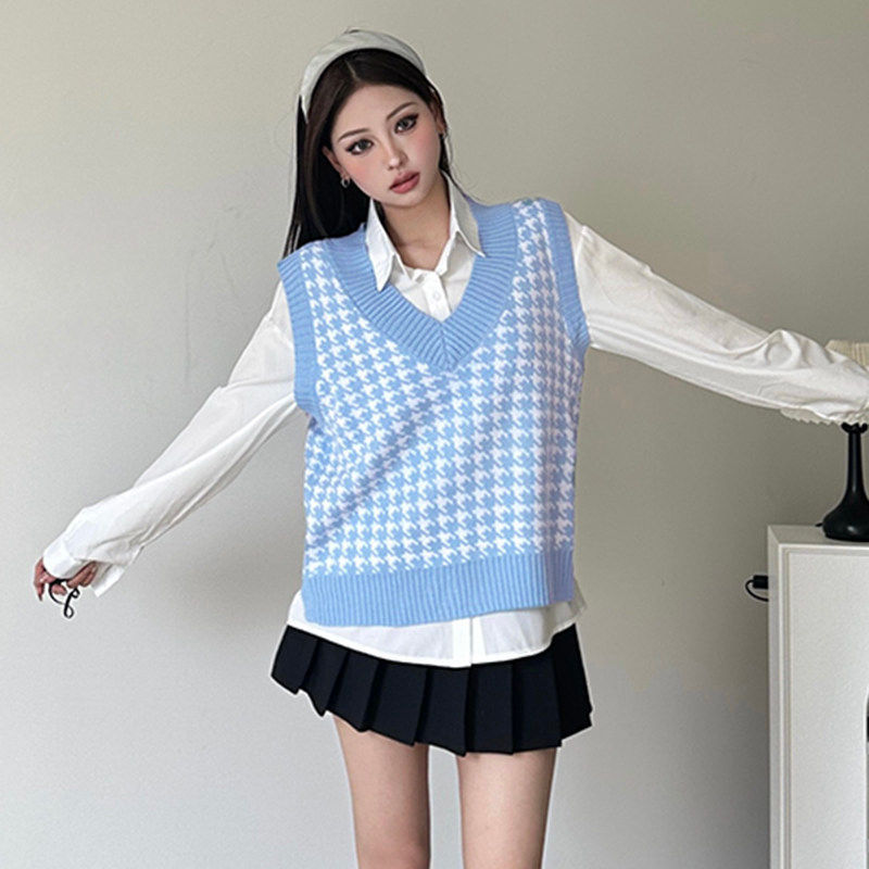 FabGirls Vitality Girl Houndstooth Contraste Cor Com Decote Em V Colete De Lã Retro All-Match Slimmer Look Colete Top