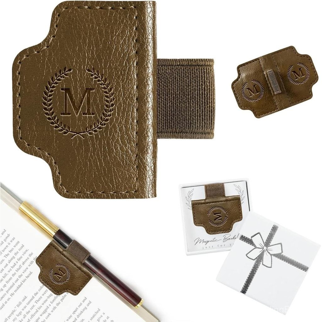 BygoneMark Magnetic Leather Bookmark with Pen Holder, Personalized Custom Initial Page Marker & Pen Clip, Professional B