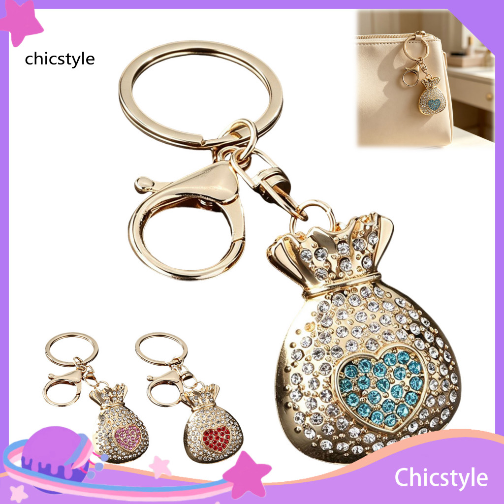 Elegant Lucky Bag Pendant Rhinestone Keychain – Good Luck Fortune Pouch Charm Love Heart Keyring for Handbags Backpack
