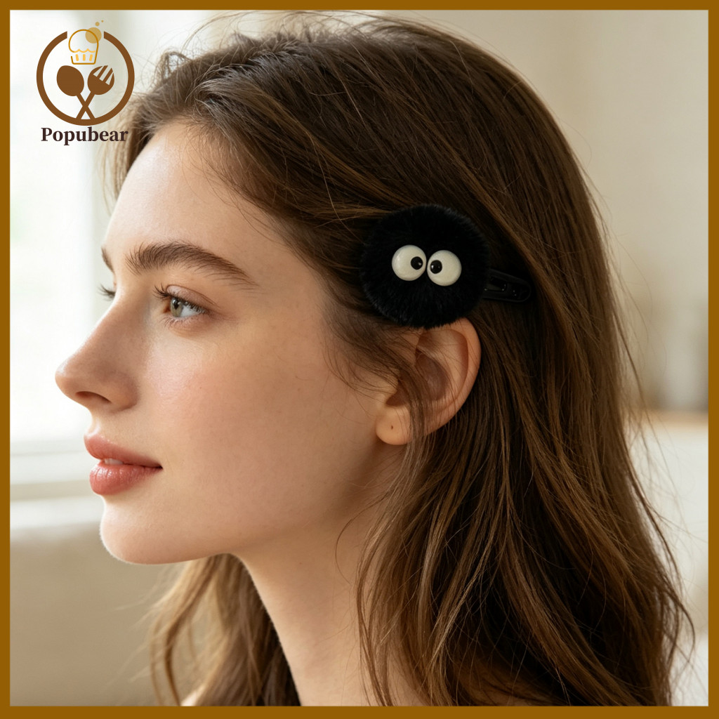 Hair Clips for Women Non Slip Accessories Black Pom Clip for Girls Cute Fuzzy Eye Design Hairpin Lightweight Decorative