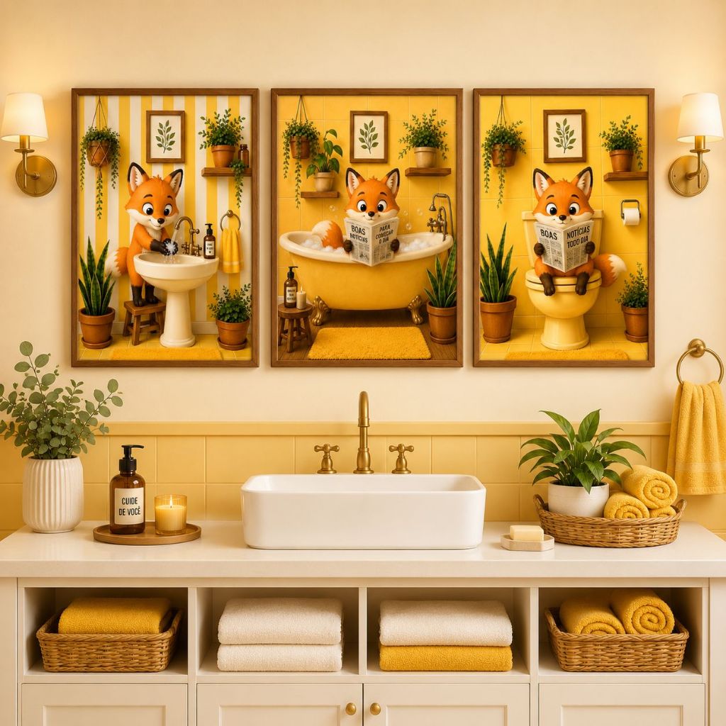 Quadros Decorativos 3 Peças Raposa cartoon cenários de banheiro