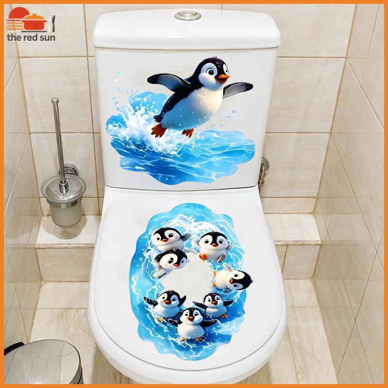 TSBR Cute Cartoon Penguin Toilet Stiers Decalques De Decoração De Parede De Banheiro Removíveis À Prova D'água .
