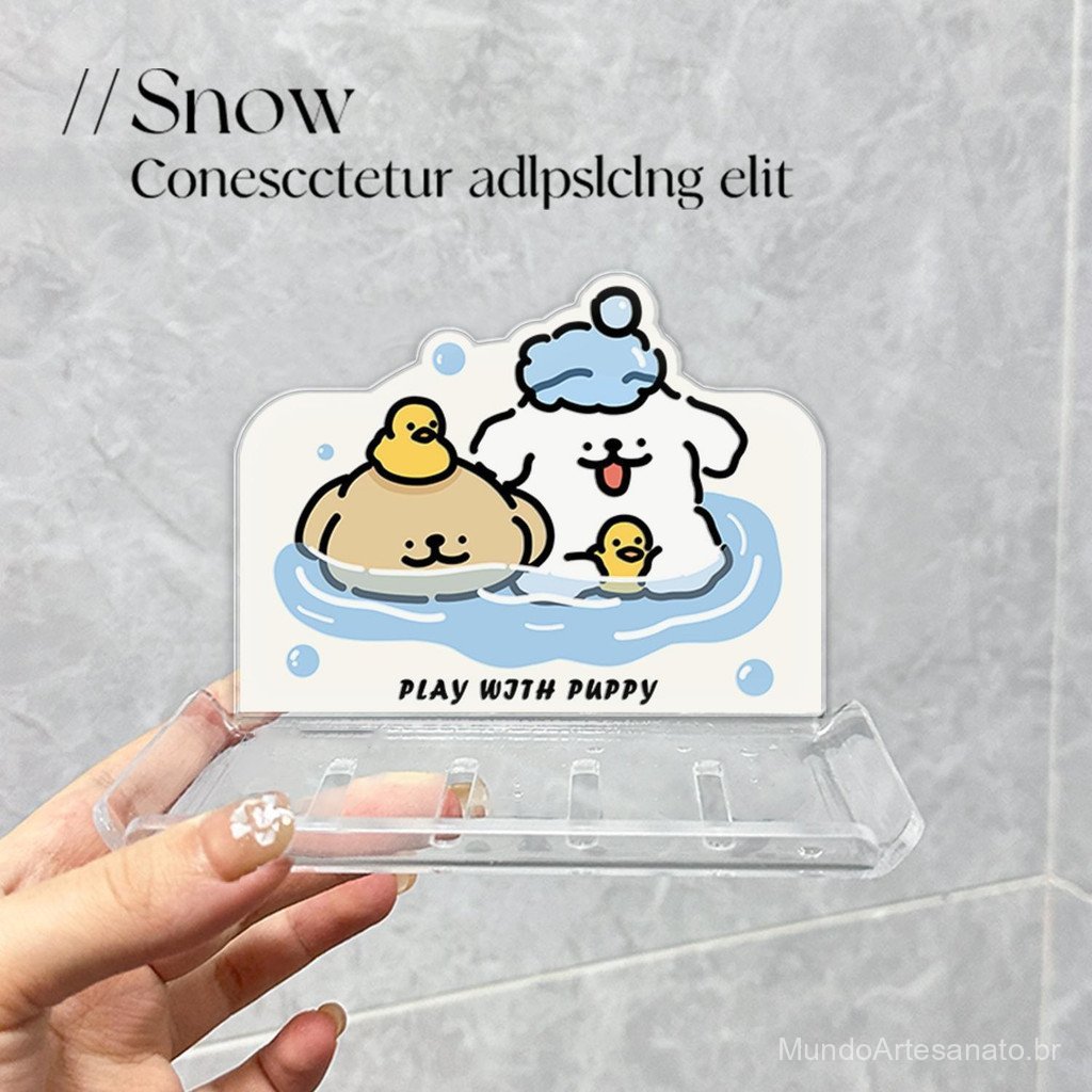 🐩Porta sabonete de parede cachorro cartoon, sem furo, acrílico com drenagem, organizador para banheiro