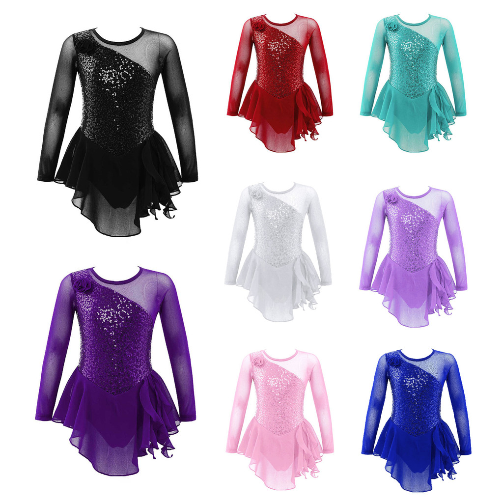 Aislor Kids Girls Stylish Clothing Long Sleeve Round Neckline Sequins Decor Flower Front Hollow Back Dance Dress