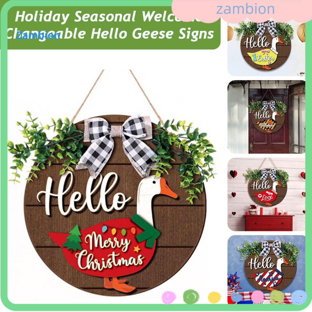 Wooden Goose Sign Interchangeable Holiday Costumes 13 Pcs Welcome Set – Rustic Farmhouse Front Door Decor Seasonal Hel