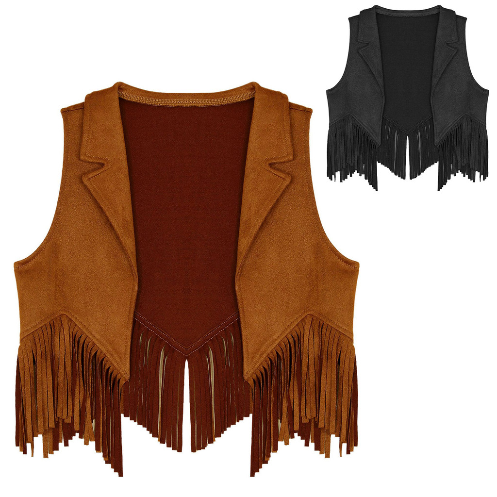 Moily Girl Western Cowboy Cosplay Costume Suede Open Front Tassels Fringe Vest Halloween Role Play Cowboy Costume