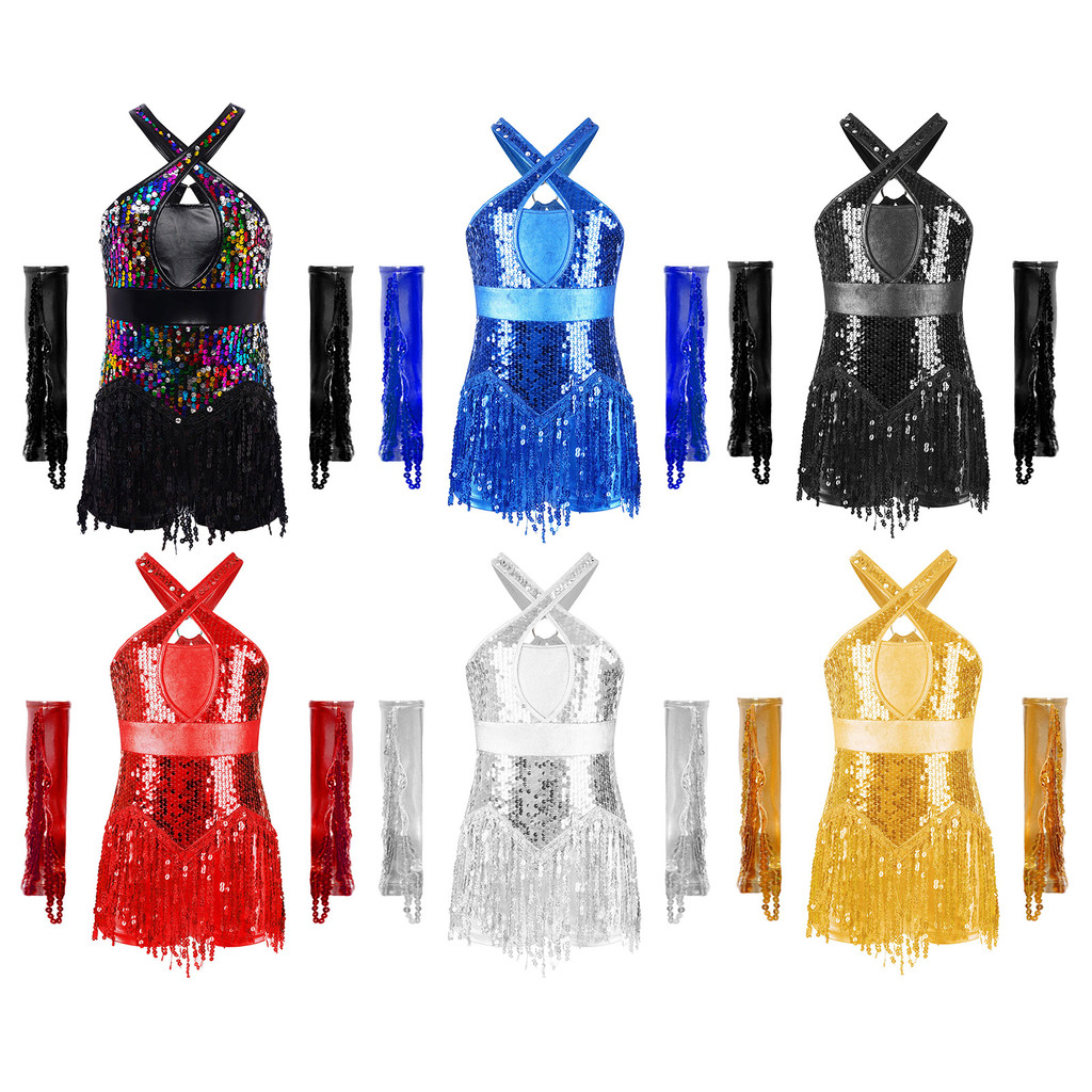 inhzoy Crianças Meninas Dança Latina Cha-Performance Costume Cross Front Recorte Voltar Lantejoulas Brilhantes Borla Col